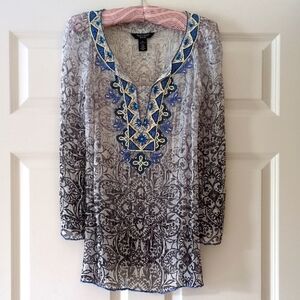 White House Black Market Petites Top Sheer Whimsygoth Fairy Beaded Tunic